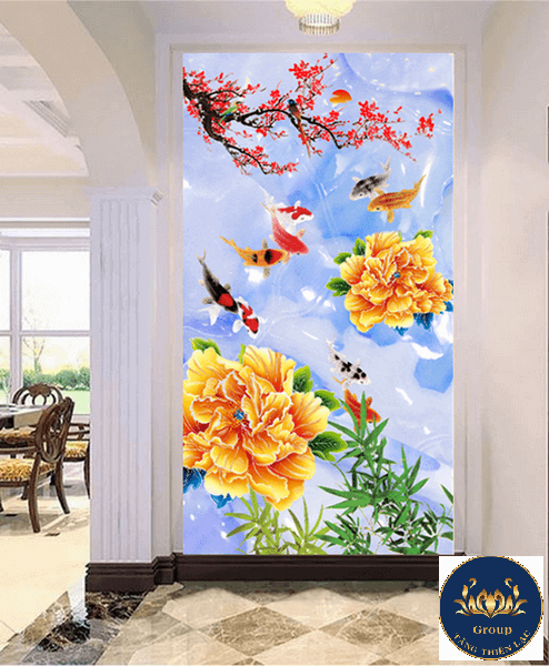Tranh dán tường 3D phòng khách hoa và cá mang sinh khí vào nhà