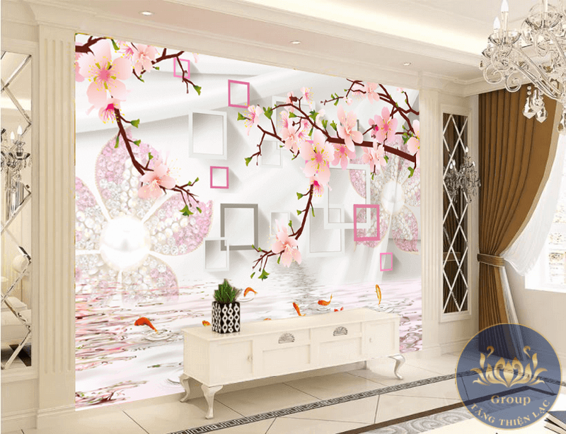 Tranh dán tường 3D hoa nghệ thuật mang sinh khí vào phòng khách