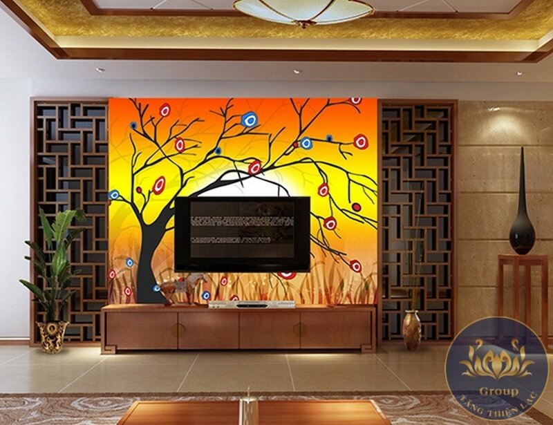 Tranh dán tường 3D lá đỏ nghệ thuật mang đầy tính nghệ thuật vào phòng khách
