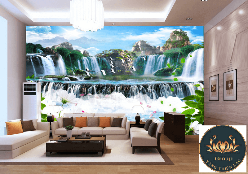 Tranh dán tường 3D thác nước hợp với gia chủ mệnh Mộc tiền vô như nước