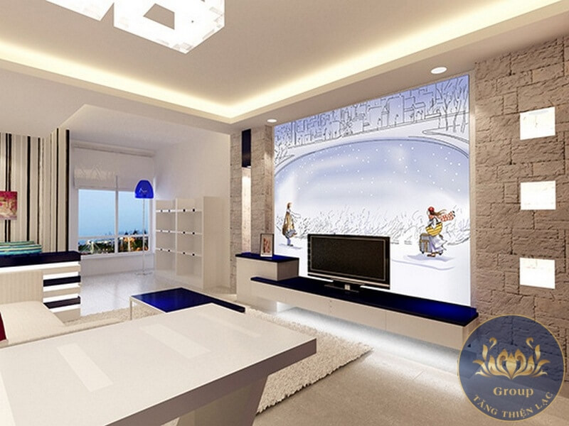 Tranh dán tường 3D phong cảnh mang lại vẻ hiện đại cho phòng khách
