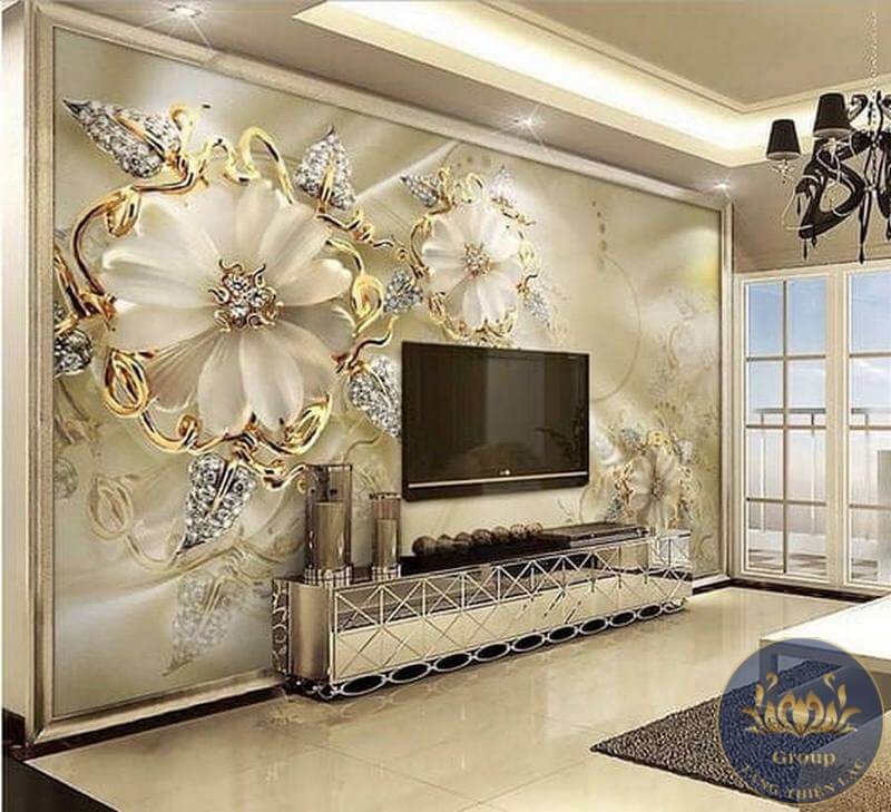 Tranh dán tường 3D phòng khách hoa hiện đại đẳng cấp không gian quận 1