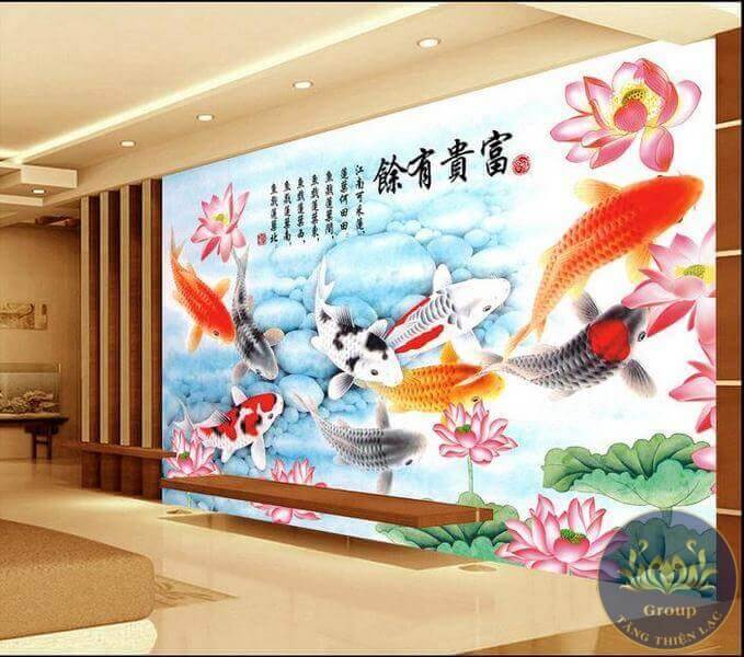 Tranh dán tường 3D phòng khách cá chép phong thủy đẹp nhất quận Bình Tân
