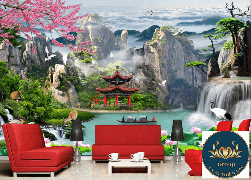 Tranh dán tường 3D sơn thủy thu hút tài lộc ào ào vào nhà