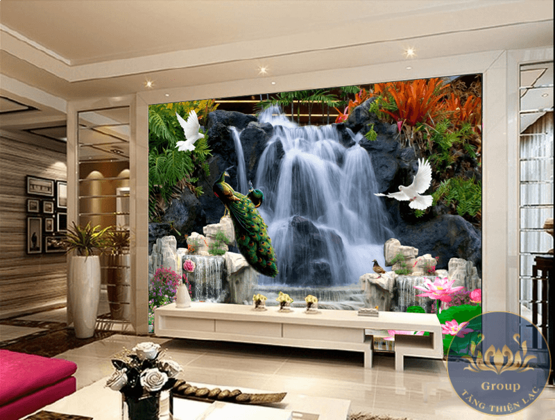 Tranh dán tường 3D phòng khách thác nước mang tiền vào nhà gia chủ ào ào