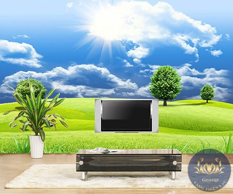 Tranh dán tường 3D phòng khách cảnh thiên nhiên mát mẻ dễ chịu