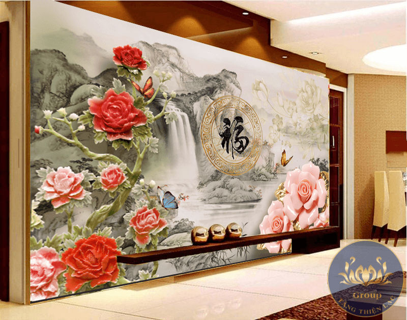 Tranh dán tường 3D cảnh thủy mặc hợp với gia chủ mệnh Thổ