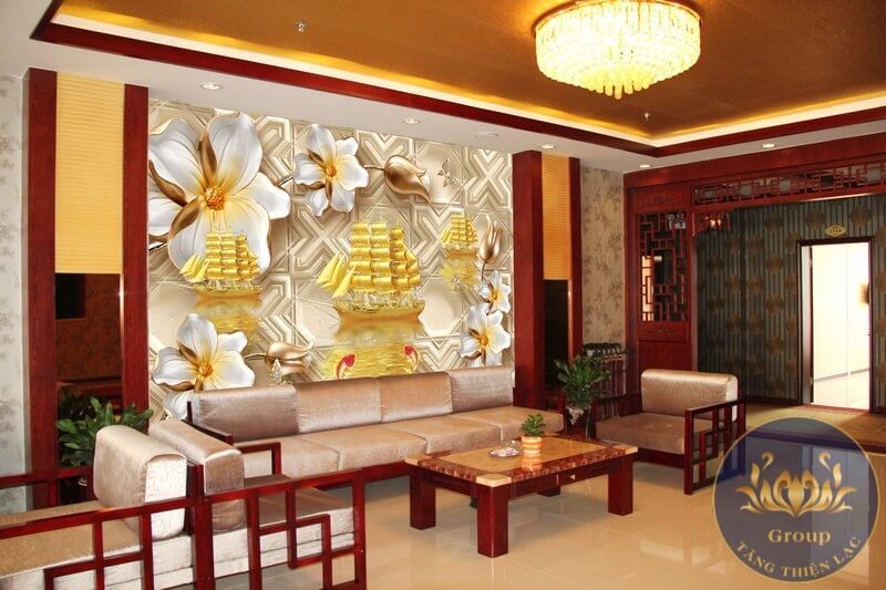 Tranh dán tường phòng khách thuyền buồm mang lộc về cho gia chủ