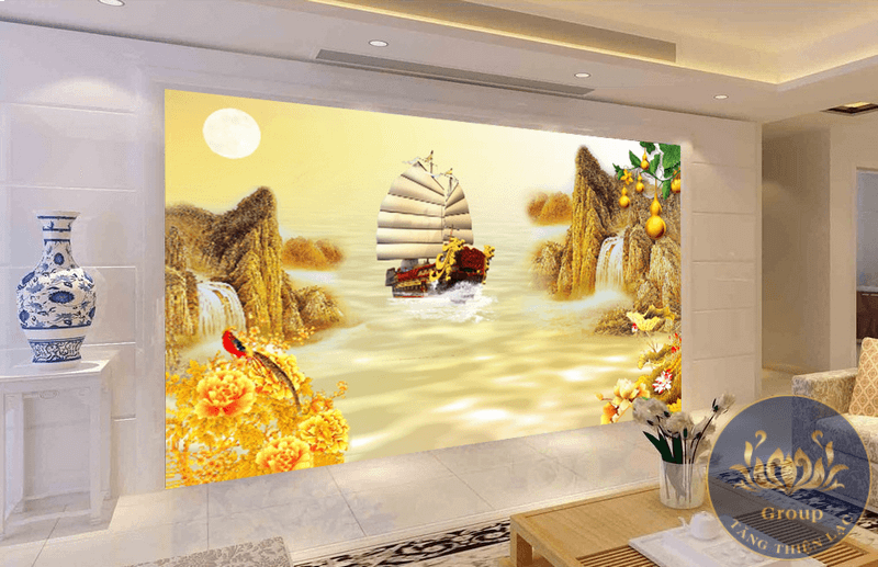 Tranh dán tường 3D phòng khách thuận buồm xuôi gió chở tài lộc vào đầy nhà