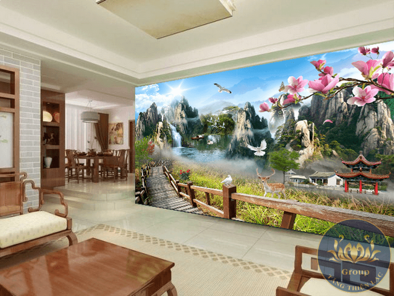Tranh dán tường 3D sơn thủy hữu tình phòng khách ai cũng khen
