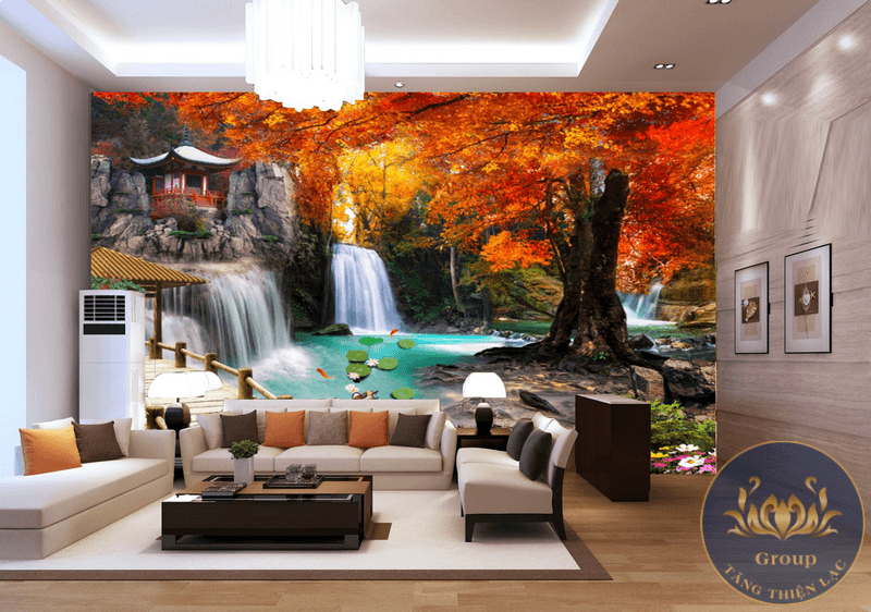 Tranh dán tường 3D phòng khách thác nước và cây lá đỏ tạo sự ấm áp