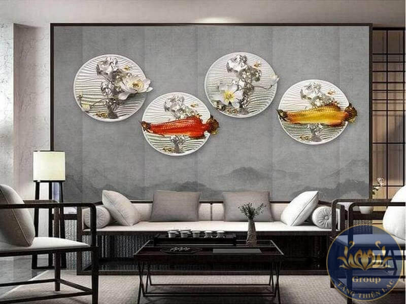 Tranh 3D phòng khách Cá Chép Phong Thủy kéo tiền vào nhà