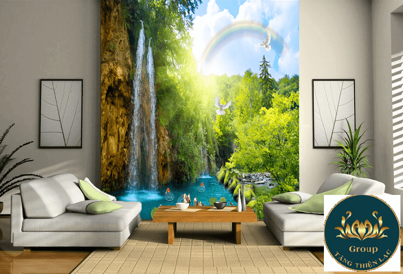 Tranh 3D phòng khách Núi Non Thác Nước mang cả thiên nhiên vào nhà
