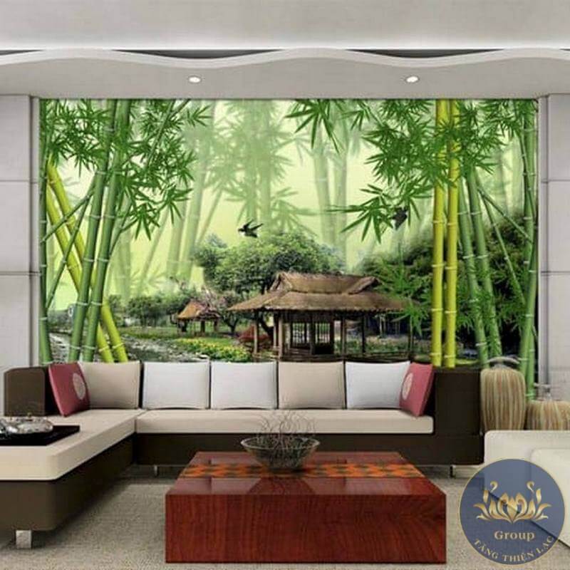 Tranh 3D phòng khách Rừng Trúc với Ngôi Nhà thanh bình