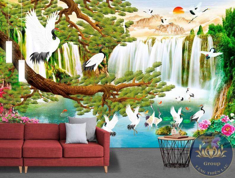 Tranh dán tường 3D phòng khách chim cò và cá mang sinh khí vào nhà gia chủ