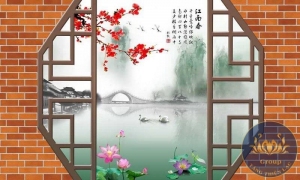 Tranh cửa sổ cổ điển cảnh đẹp Trung Hoa ấn tượng