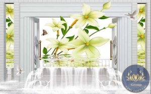 Tranh đẹp hoa và thác nước cho phòng khách thêm mát mẻ