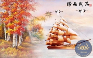 Tranh dán tường 3D Thuận buồm xuôi gió nền đỏ nâu họp mệnh hỏa